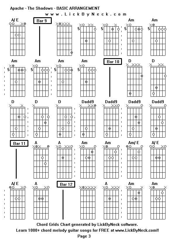 Chord Grids Chart of chord melody fingerstyle guitar song-Apache - The Shadows - BASIC ARRANGEMENT,generated by LickByNeck software.